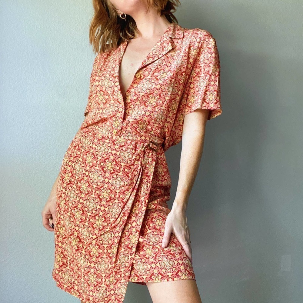 Vintage 100% Silk Red PrintedButton Up Top + Wrap Skirt Set